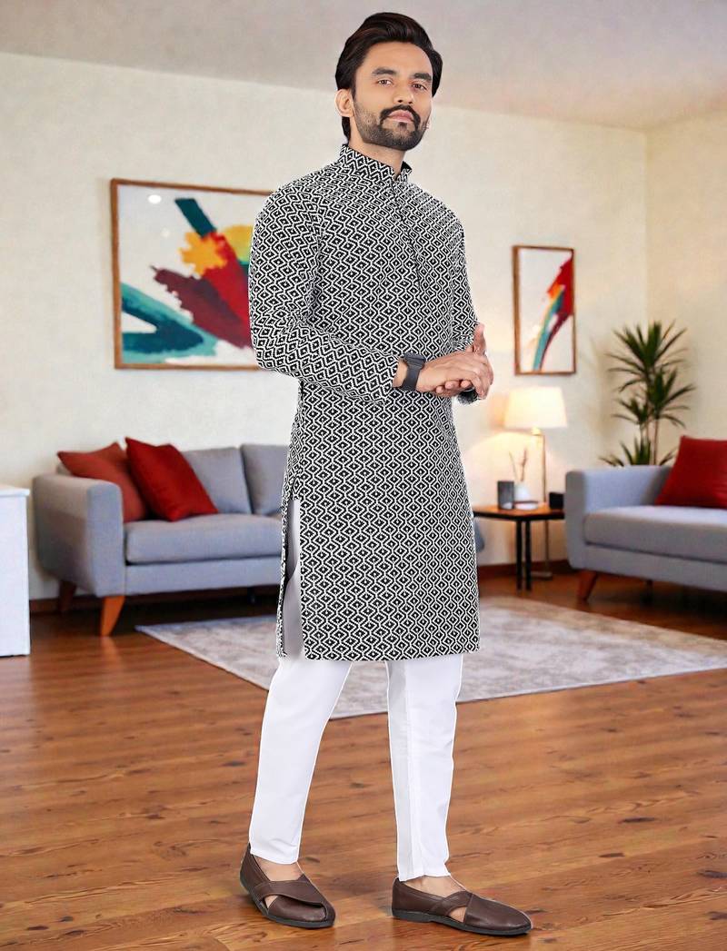  black chikankari embroidered  men's rayon kurta  
