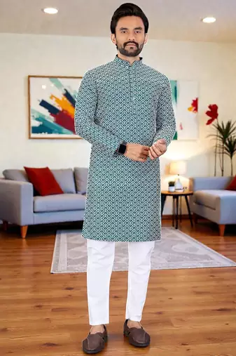  blue chikankari embroidered  men's rayon kurta  