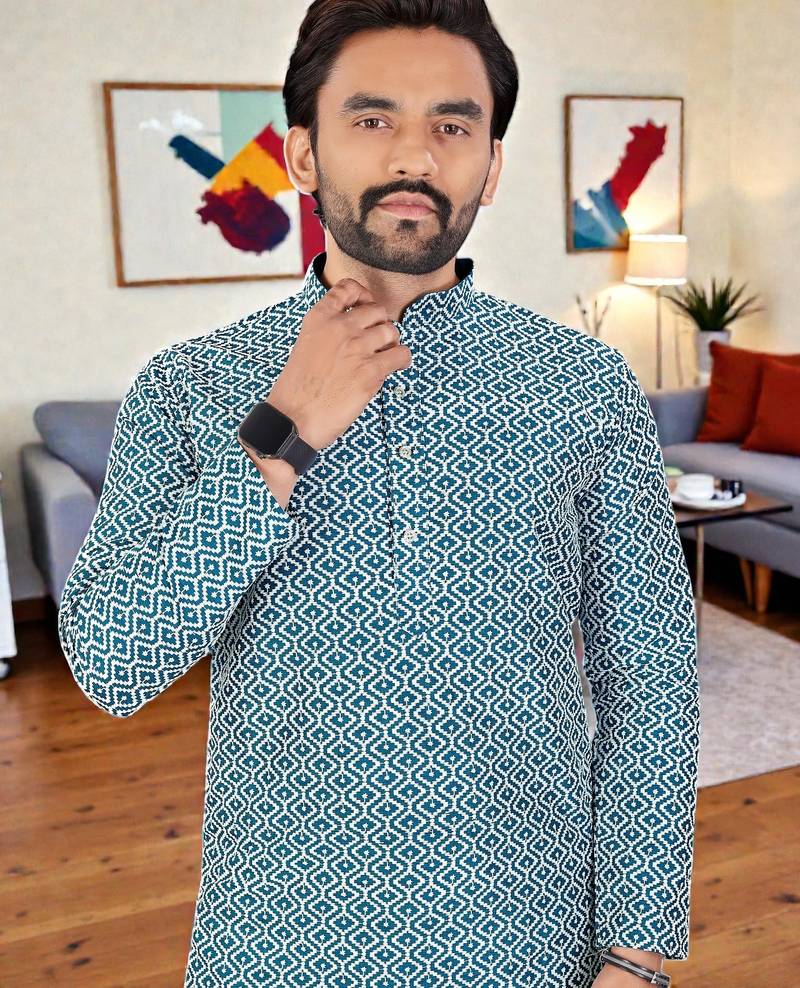  blue chikankari embroidered  men's rayon kurta  