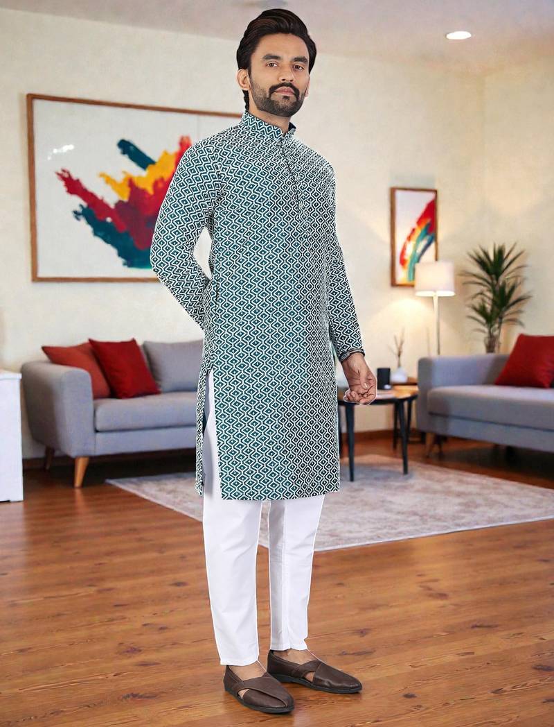  blue chikankari embroidered  men's rayon kurta  