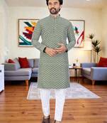  green chikankari embroidered  men's rayon kurta  