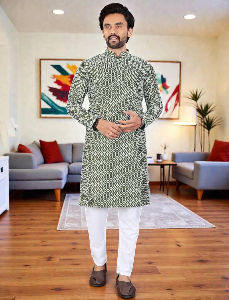  green chikankari embroidered  men's rayon kurta  