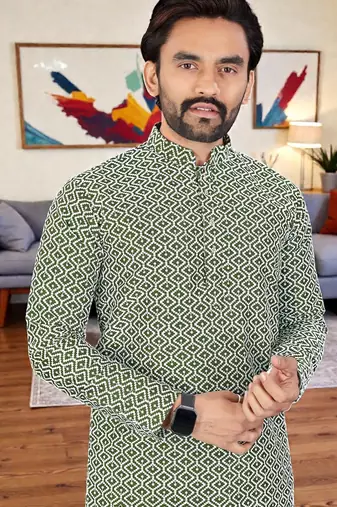  green chikankari embroidered  men's rayon kurta  