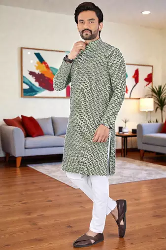  green chikankari embroidered  men's rayon kurta  