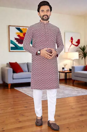  maroon chikankari embroidered  men's rayon kurta  
