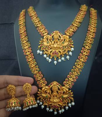 Matt finish pink green elegant exclusive south indian bridal jewellery set 1