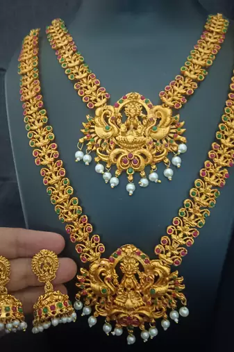 Matt finish pink green elegant exclusive south indian bridal jewellery set
