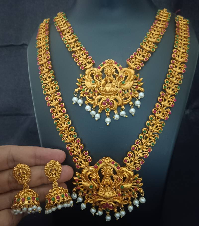 Matt finish pink green elegant exclusive south indian bridal jewellery set