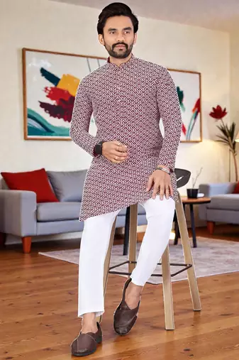  maroon chikankari embroidered  men's rayon kurta  