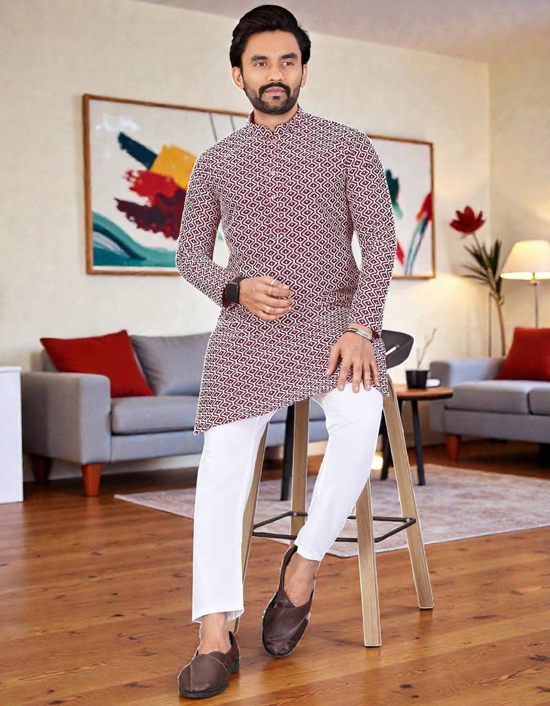  maroon chikankari embroidered  men's rayon kurta  
