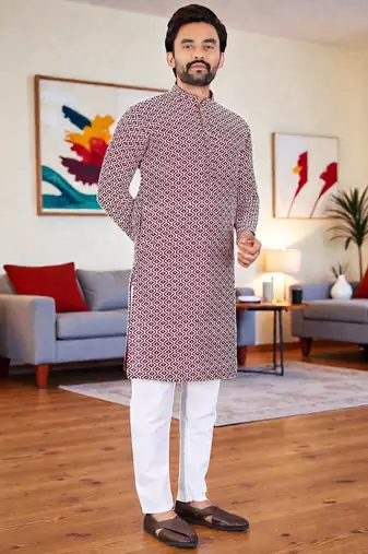  maroon chikankari embroidered  men's rayon kurta  