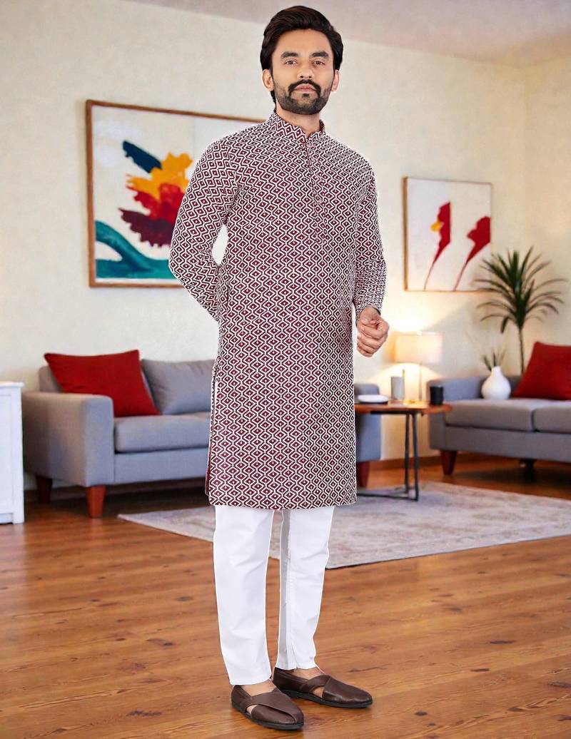  maroon chikankari embroidered  men's rayon kurta  