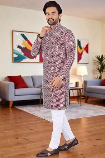  maroon chikankari embroidered  men's rayon kurta  
