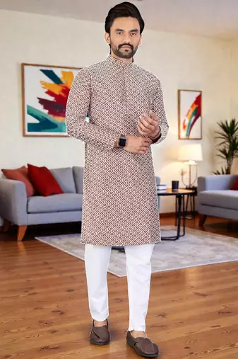  peach chikankari embroidered  men's rayon kurta  