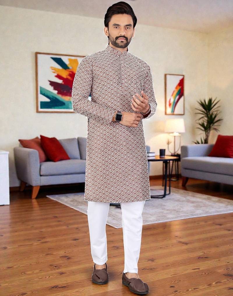  peach chikankari embroidered  men's rayon kurta  