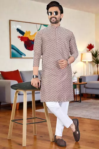  peach chikankari embroidered  men's rayon kurta  