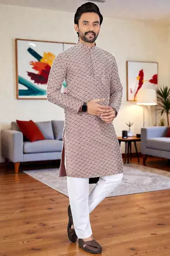  peach chikankari embroidered  men's rayon kurta  