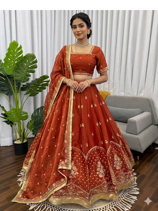 Rust silk blend thread embroidered  Lehenga & Unstitched Blouse with Dupatta 1