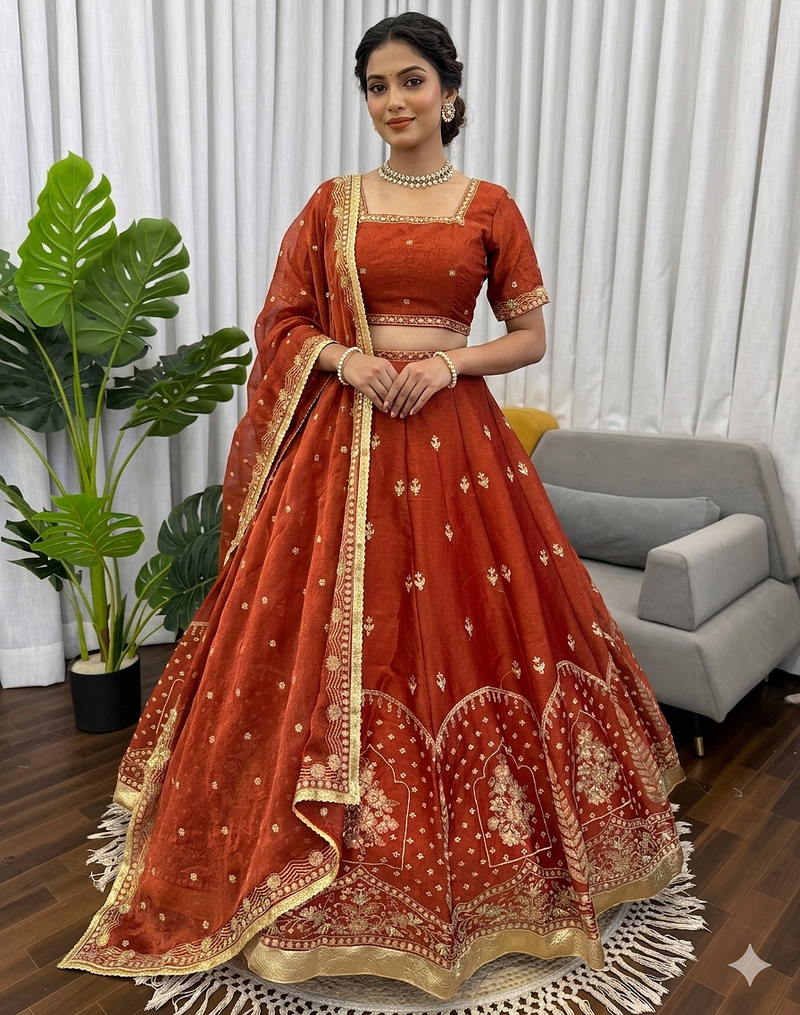 Rust silk blend thread embroidered  Lehenga & Unstitched Blouse with Dupatta
