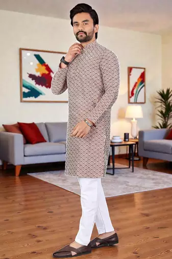  peach chikankari embroidered  men's rayon kurta  