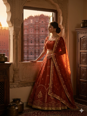 Rust silk blend thread embroidered  Lehenga & Unstitched Blouse with Dupatta 2