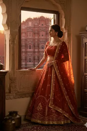 Rust silk blend thread embroidered  Lehenga & Unstitched Blouse with Dupatta