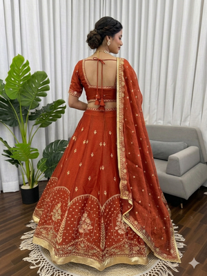 Rust silk blend thread embroidered  Lehenga & Unstitched Blouse with Dupatta 3