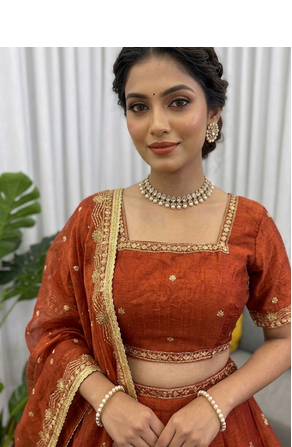 Rust silk blend thread embroidered  Lehenga & Unstitched Blouse with Dupatta 4