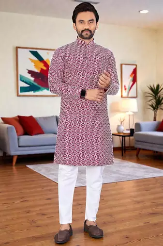  red chikankari embroidered  men's rayon kurta  
