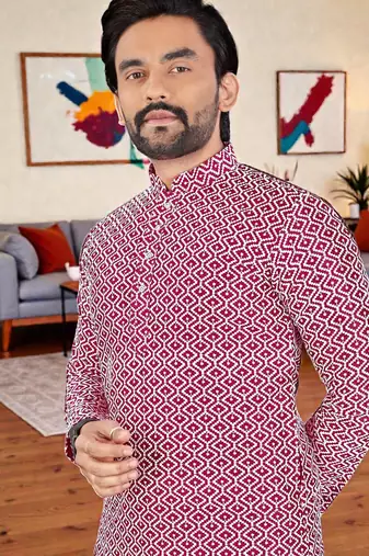  red chikankari embroidered  men's rayon kurta  