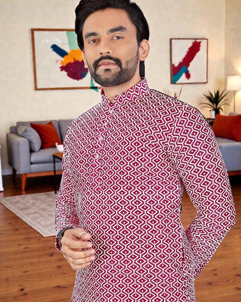  red chikankari embroidered  men's rayon kurta  