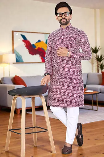  red chikankari embroidered  men's rayon kurta  