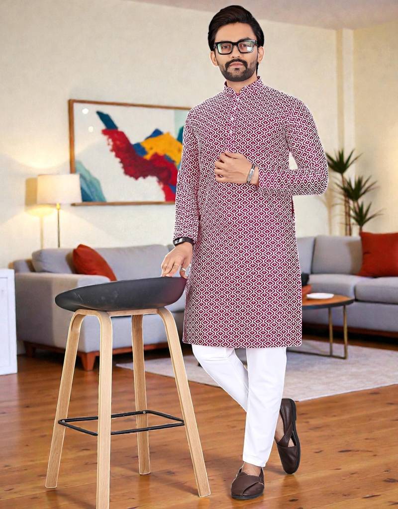  red chikankari embroidered  men's rayon kurta  