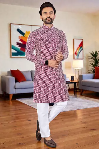  red chikankari embroidered  men's rayon kurta  