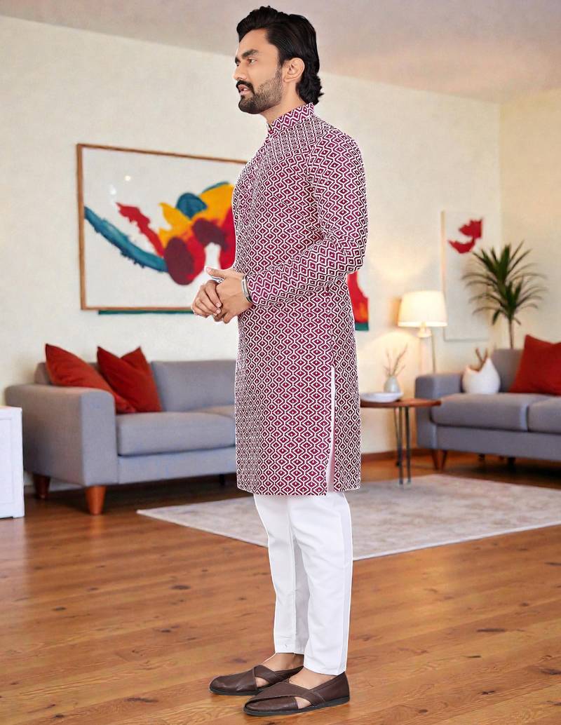  red chikankari embroidered  men's rayon kurta  