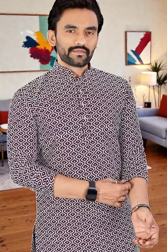  wine chikankari embroidered  men's rayon kurta  