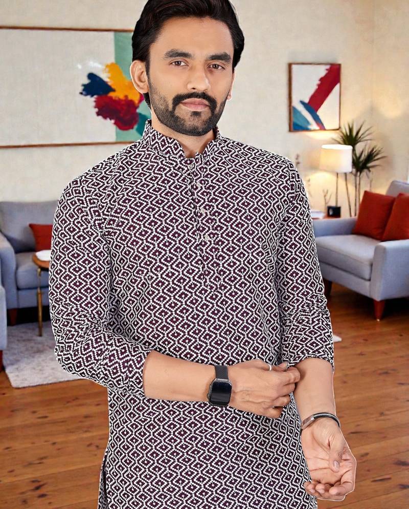  wine chikankari embroidered  men's rayon kurta  