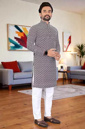  wine chikankari embroidered  men's rayon kurta  