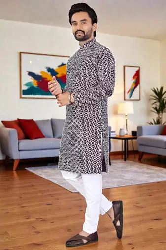  wine chikankari embroidered  men's rayon kurta  