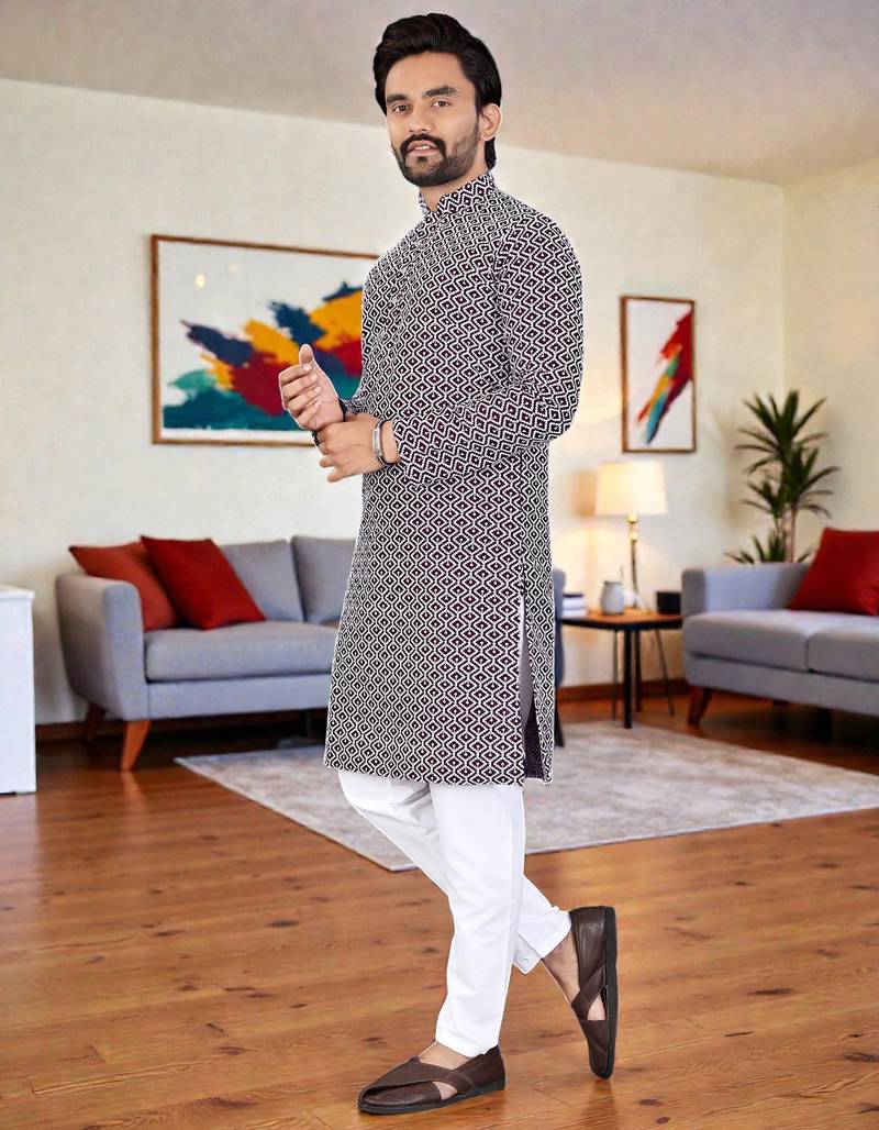  wine chikankari embroidered  men's rayon kurta  