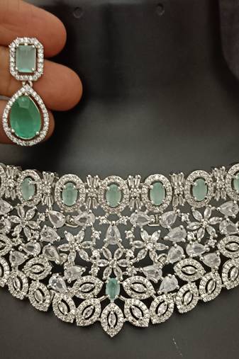 Cz mint green white stones choker bridal jewellery set