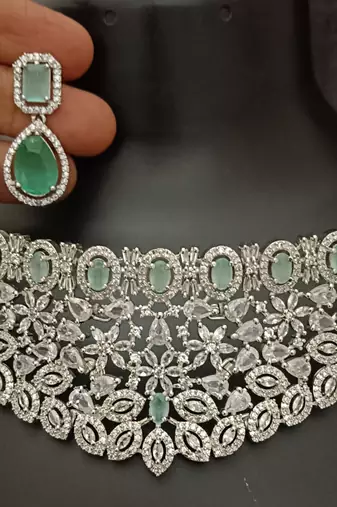 Cz mint green white stones choker bridal jewellery set