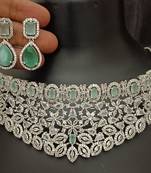 Cz mint green white stones choker bridal jewellery set