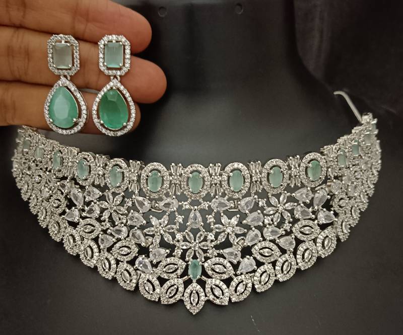 Cz mint green white stones choker bridal jewellery set