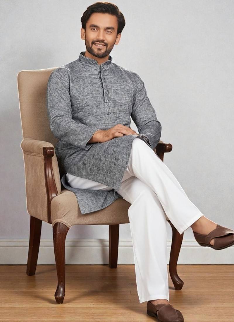 Grey  linen men's  kurta