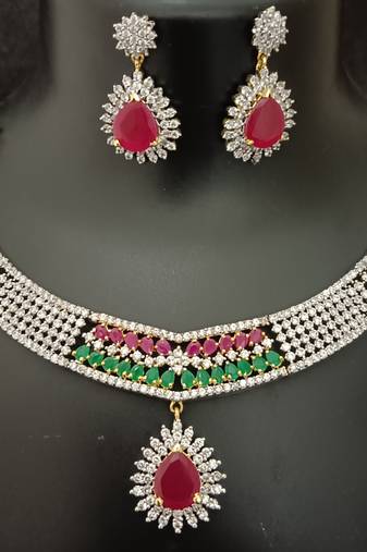 Ruby emerald cz stones gold plated jewellery set