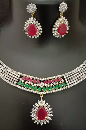 Ruby emerald cz stones gold plated jewellery set