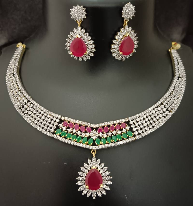 Ruby emerald cz stones gold plated jewellery set