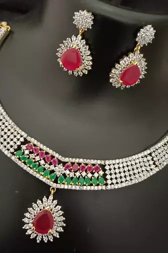 Ruby emerald cz stones gold plated jewellery set