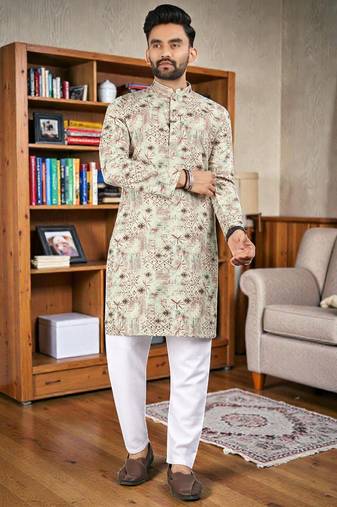  Beige crochet embroidered  men's rayon   kurta